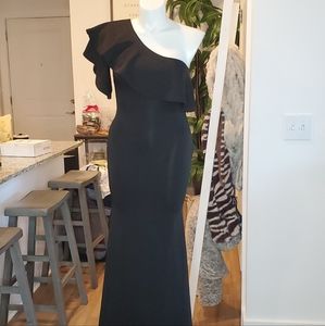 Black one ruffle shoulder evening gown